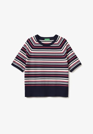 Krátký pletený top s horizontálními pruhy v námořnické modři, bílé a růžové barvě a kulatým výstřihem.