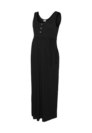 Black maternity dress with a sleeveless design, scoop neckline, three decorative buttons at the front, and tie detail at the waist.