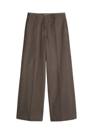 Brązowe spodnie z szerokimi nogawkami, z przodu zapinane na guziki i zamek, z szlufkami na pasek oraz bocznymi kieszeniami, ułożone na płasko na białym tle.