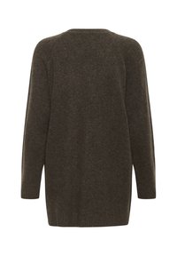 Sötétzöld pulóver, laza szabású, hosszú ujjal, bordás szegéllyel és puha, textúrált anyagból készült. A hátsó nézeten egyszerű, díszítés nélküli dizájn látható.