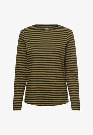 Langärmeliges Shirt in olivgrün und marineblauen Horizontalstreifen, aus weichem Stoff mit Rundhalsausschnitt und leicht gebogenem Saum.