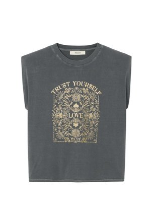 Débardeur gris foncé avec motif floral doré et texte « FAIS CONFIANCE À TOI-MÊME » en haut et « AMOUR » au centre.