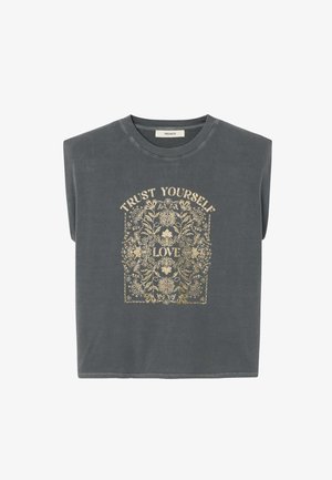 Débardeur gris foncé avec motif floral doré et texte « FAIS CONFIANCE À TOI-MÊME » en haut et « AMOUR » au centre.