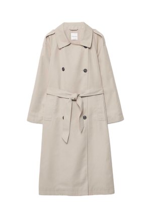 Beżowy płaszcz trencz z dwurzędowym zapięciem, wyciętym kołnierzem, paskiem do wiązania i dwoma przednimi kieszeniami. Wykonany z gładkiej, lekkiej tkaniny.