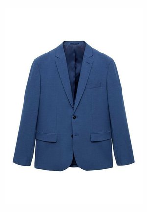 Blue blazer made of textured fabric with a notched lapel, single-button closure, two front pockets, and a smooth interior lining.