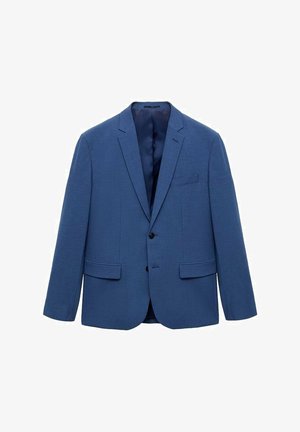 Blauwe blazer van gestructureerde stof met een geknipt revers, enkele knoopsluiting, twee voorzakken en een gladde binnenvoering.