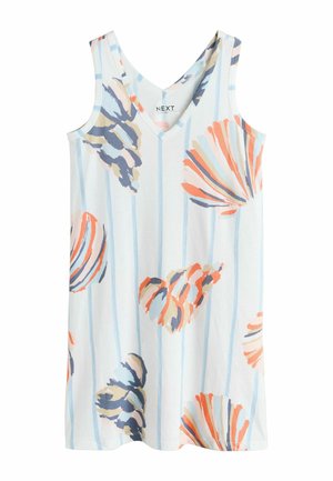 Rochie fără mâneci, cu decolteu în V, cu dungi verticale albastre deschise și modele abstracte de scoici în culori coral, bleumarin și bej pe fundal alb.