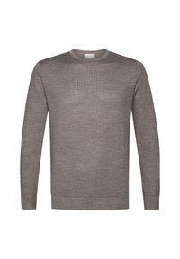 Maglione grigio a maniche lunghe realizzato in morbido tessuto, con colletto tondo e polsini e bordo a coste, caratterizzato da una texture liscia e uniforme.