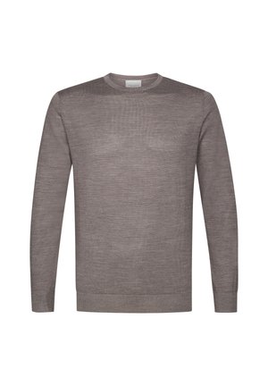 Grijze lange mouwen sweater van zacht materiaal met een ronde hals en ribgebreide boorden en zoom, met een gladde, uniforme textuur.