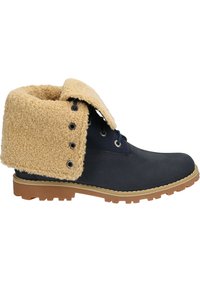 Dark blue hiking boot featuring a tan, fluffy collar, metal eyelets, and a rugged rubber sole with traction treads.