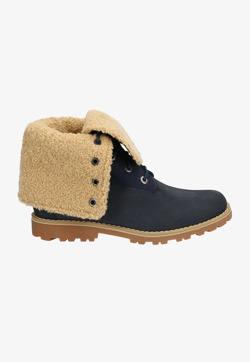 Dark blue hiking boot featuring a tan, fluffy collar, metal eyelets, and a rugged rubber sole with traction treads.