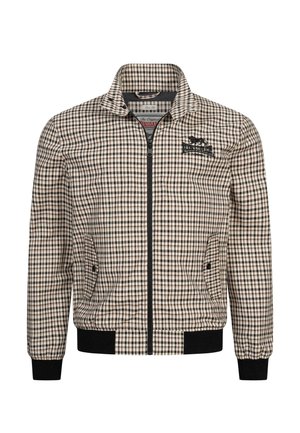 Chaqueta de cuadros para hombre en tonos marrón y crema, con cierre de cremallera, puños elásticos y dos bolsillos laterales. Logo bordado en el pecho.