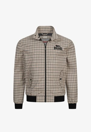 Férfi kockás dzseki barna és krémszín keverékében, cipzáras záródással, rugalmas mandzsettákkal és két oldalsó zsebbel. Hímzett logó a mellrészen.