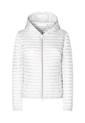 Veste matelassée légère blanche avec capuche et fermeture éclair devant, conçue pour la chaleur et une tenue décontractée.