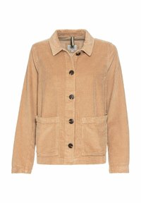 Veste en velours côtelé beige à manches longues, col, quatre boutons foncés sur le devant et deux poches avant.