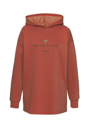 Red hoodie with a front pocket, ribbed cuffs, and drawstring hood. Features printed text in black and a gold heart graphic.