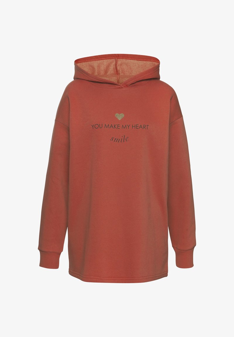 Rote Kapuzenjacke mit Fronttasche, gerippten Bündchen und Kordelzugkapuze. Enthält gedruckten Text in Schwarz und ein goldenes Herzgrafik.