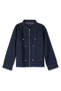 Donkerblauwe denim jas met een kraag, ritsluiting, twee voorzakken en witte drukknoopsluitingen. Bevat een merklabel aan de binnenkant.