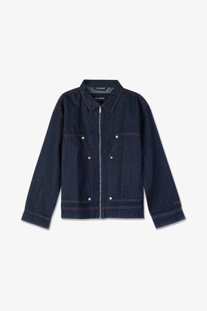 Tumed sinine teksajakk, millel on kraega kaelus, lukuga kinniti, kaks esi-taskut ja valged nupukesed. Siseosas on bränditud silt.