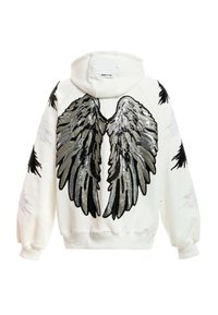 Sudadera blanca con grandes alas negras y plateadas bordadas en la espalda. Tela texturizada con mangas largas y abullonadas y capucha con cordón.