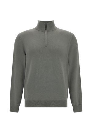 Suéter de punto gris con un cuello de media cremallera, mangas largas y puños y dobladillo de canalé. Hecho de una tela suave con una textura lisa.