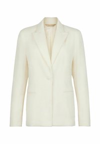 Helle Cremefarben Blazer mit gerippter Textur, einem Ein-Knopf-Verschluss, Reverskragen und zwei Fronttaschen. Klassisches tailliertes Design.