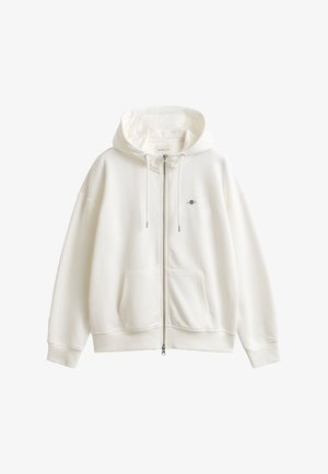 White full-zip hoodie with drawstrings, kangaroo pocket, ribbed cuffs, and small embroidered logo on the left chest.