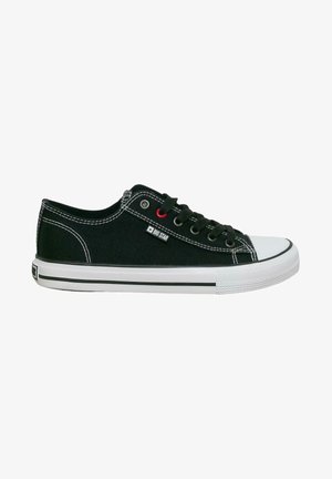Black canvas sneakers with a white rubber toe cap, black laces, red accents, and white stitching, featuring a branded tab on the side.