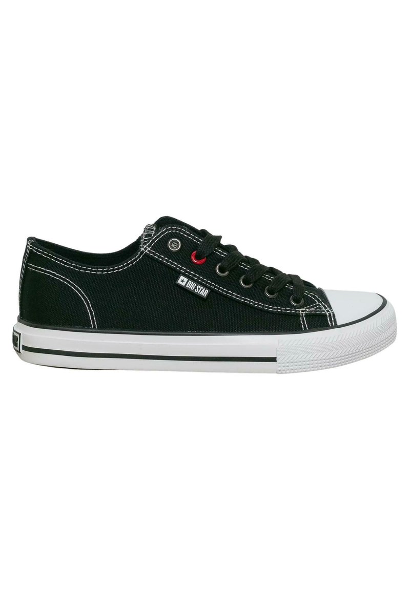 Sneakers in tela nera con punta in gomma bianca, lacci neri, accenti rossi e cuciture bianche, con una targhetta con il marchio sul lato.