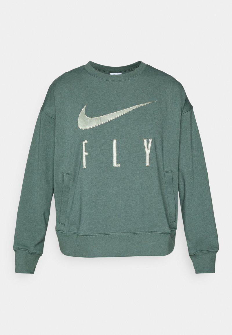 Felpa verde Nike con scollatura rotonda, vestibilità oversize e scritta bianca "FLY." Presenta un grande logo Swoosh in cucitura metallizzata.
