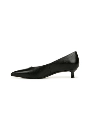 Black leather kitten heel shoe with a pointed toe, smooth texture, and minimalistic design. Heel height is approximately 1.5 inches.