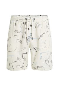 Weißer Badehose mit abstrakten schwarzen und blauen Linienmustern, einem elastischen Bund und einem Zugband für eine verstellbare Passform.