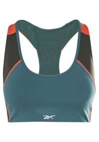 Sportski grudnjak u tirkiznoj boji s crnim i narančastim detaljima. Ima dizajn s racerback leđima, glatku teksturu i logo s prednje strane.