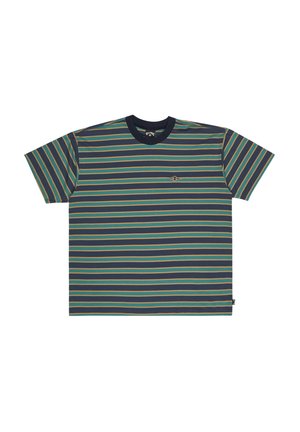 Short-sleeve t-shirt in navy with green, yellow, and orange stripes. Features a crew neckline and a small logo on the chest.