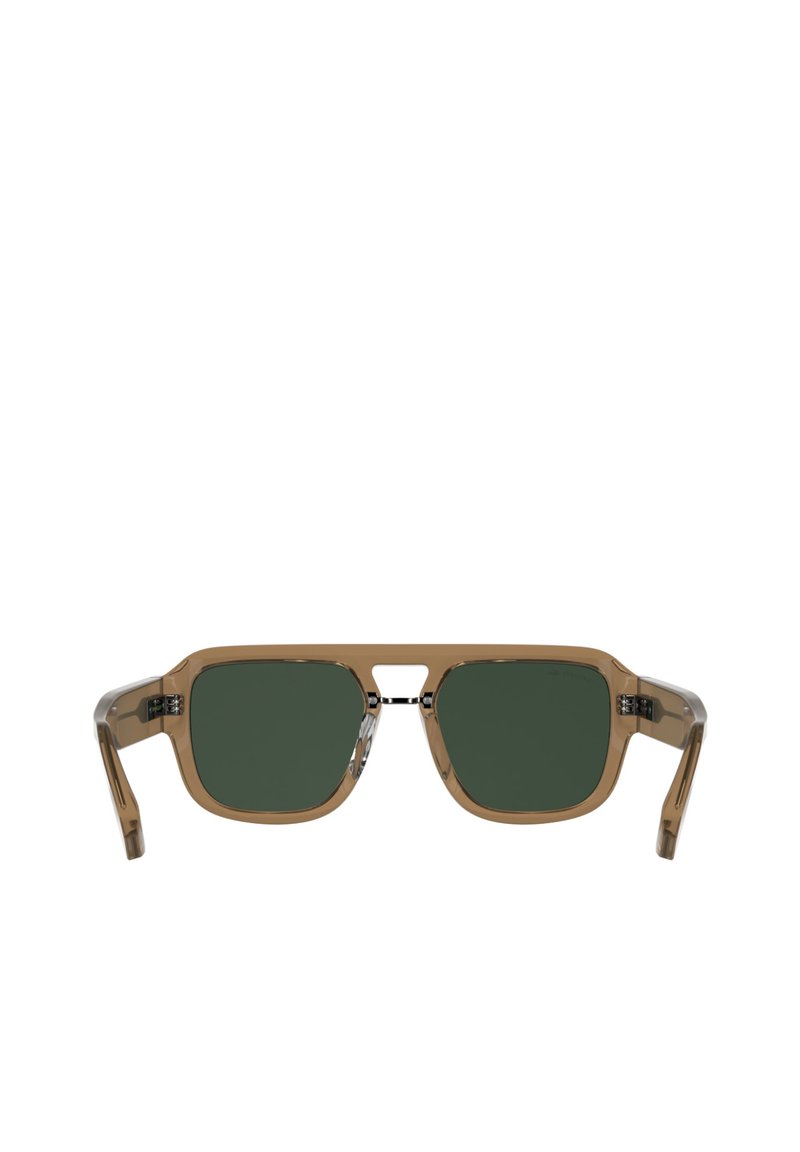 Brown transparent square sunglasses with dark green lenses and a keyhole bridge shown from the front on a white background.