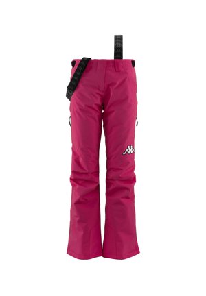 Pantaloni isolati rosa con design a gamba dritta. Presentano tasche laterali, spallacci regolabili e un dettaglio con logo sulla coscia.