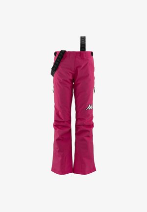 Pantaloni isolati rosa con design a gamba dritta. Presentano tasche laterali, spallacci regolabili e un dettaglio con logo sulla coscia.