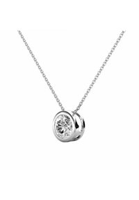 Collana in argento con pendente a forma di gemma tonda trasparente, dotato di una finitura lucida e impostazione a bezel aperto.