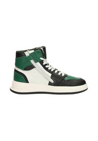 Zwarte, groene en witte leren high-top sneakers. Voorzien van een gewatteerde kraag, vetersluiting aan de voorkant, zijrits en een gestructureerde rubberen zool.