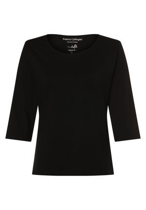 Schwarzes, hochwertiges Baumwolloberteil mit Rundhalsausschnitt und Dreiviertelärmeln. Hat eine normale Passform und keine Muster oder Akzente.