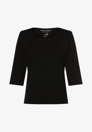 Czarny, premium bawełniany top z okrągłym dekoltem i rękawami o długości trzech czwartych. Charakteryzuje się regularnym krojem oraz brakiem wzorów i akcentów.