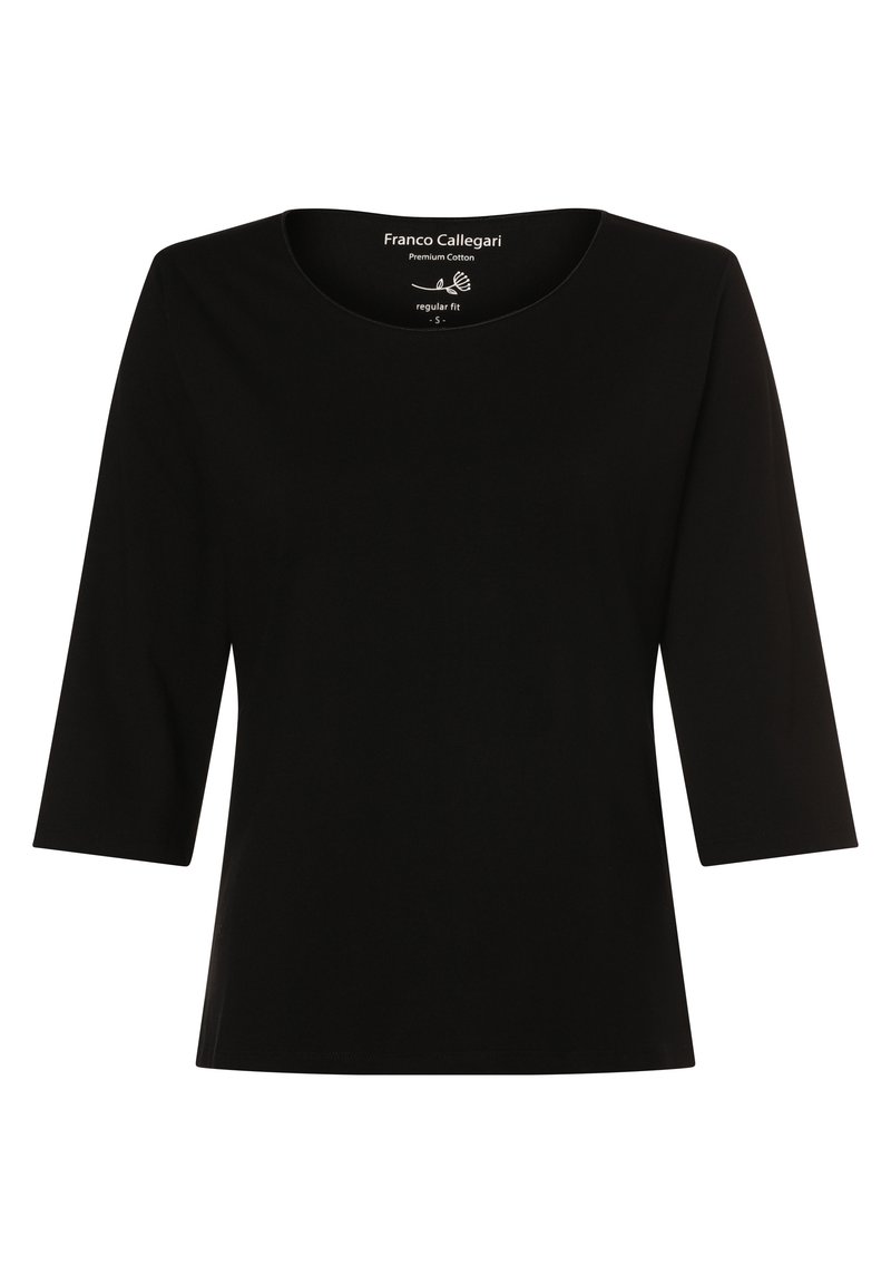 Schwarzes, hochwertiges Baumwolloberteil mit Rundhalsausschnitt und Dreiviertelärmeln. Hat eine normale Passform und keine Muster oder Akzente.