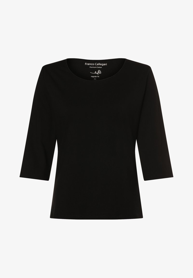 Schwarzes, hochwertiges Baumwolloberteil mit Rundhalsausschnitt und Dreiviertelärmeln. Hat eine normale Passform und keine Muster oder Akzente.