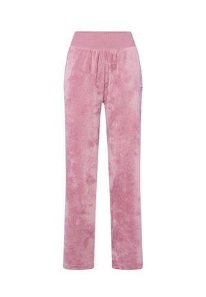 Pantalons de lounge en velours rose doux avec une large ceinture élastique et des jambes droites, présentés sur fond blanc.