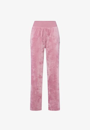 Zachte roze velours loungebroek met een brede elastische tailleband en rechte pijpen, afgebeeld tegen een witte achtergrond.