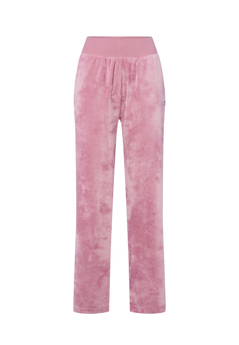 Zachte roze velours loungebroek met een brede elastische tailleband en rechte pijpen, afgebeeld tegen een witte achtergrond.