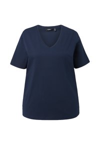 T-shirt en coton bleu marine avec un col en V et des manches courtes. Texture lisse, coupe régulière et sans motifs ni accents visibles.
