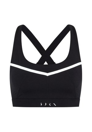 Sutien sport negru cu un design încrucișat la spate, cu dungi albe de accent, fabricat dintr-un material elastic; dispune de un bandaj lat cu detalii ale logo-ului.
