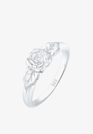 Sterling silver ring featuring a raised rose design with leaves, polished finish, and marked “925” for silver quality.