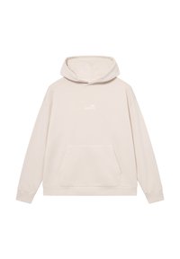Jasno beżowy hoodie wykonany z mieszanki bawełny, ma przednią kieszeń, kaptur ze sznurkiem i subtelną grafikę logo na klatce piersiowej. Miękka tekstura.